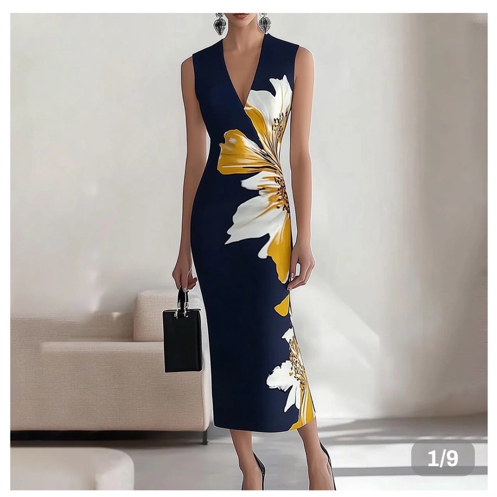 V-Neck Navy Midi Dress with Yellow & White Floral Print